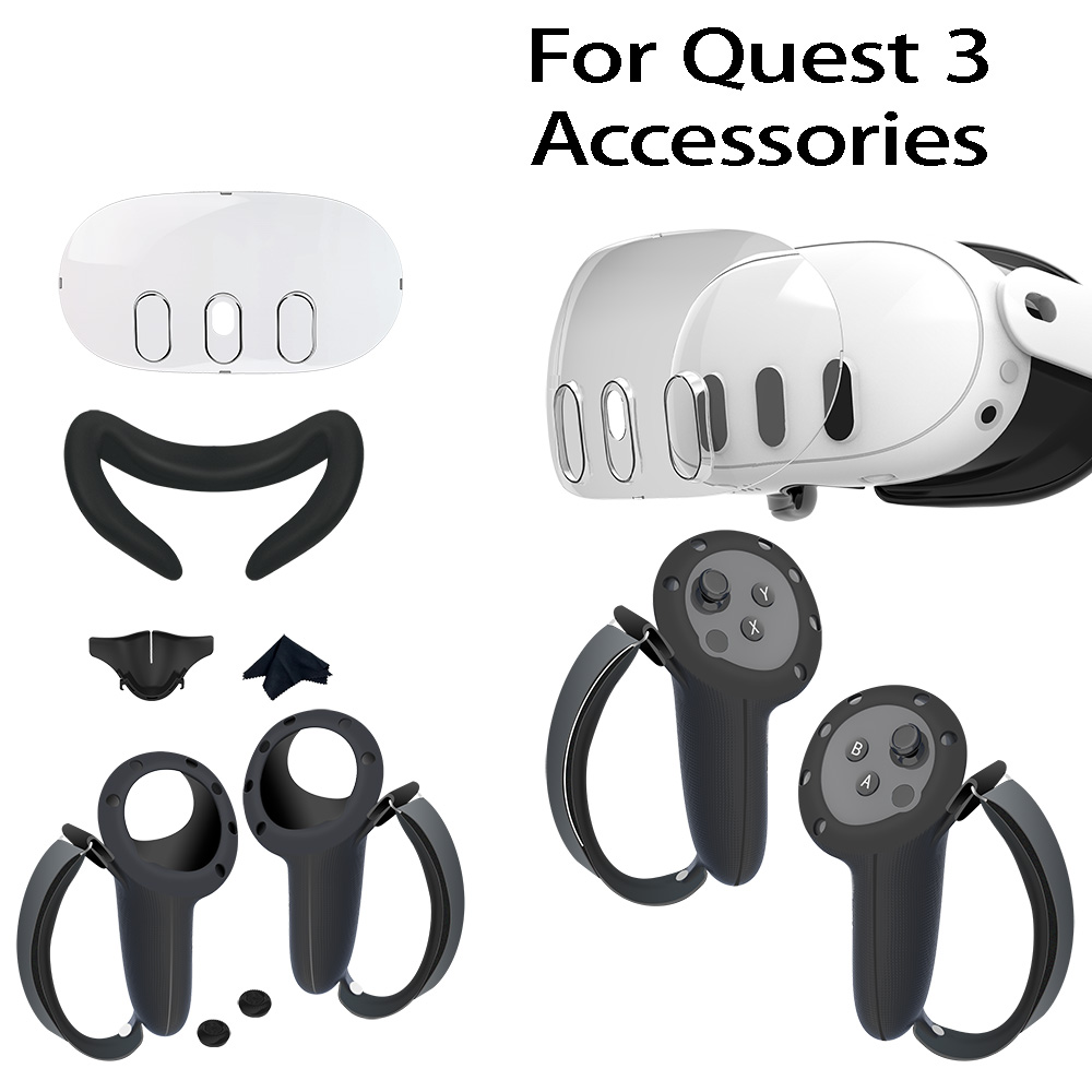 Controller Grip Cover - メタクエスト3用オールインワンアクセサリーキット – コントローラーグリップ、フェイスカバー、ライトブロッカーノーズパッド、VRヘッドセット保護シェル