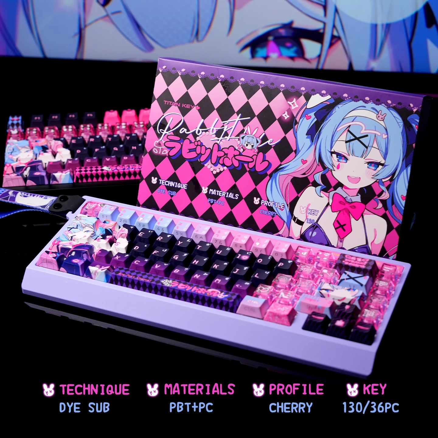 Gaming Accessories Aesthetic - アニメラビットホールテーマカスタムキーキャップセットかわいいPBT PC半透明チェリープロファイルメカニカルキーボード用ゲームギフト